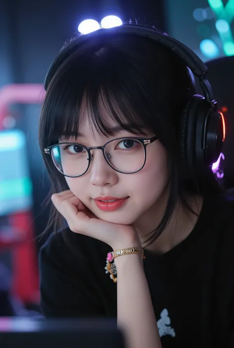 1 girl , chin rest with one hand , 30 years old , chin rest smile , chinese , ( photography, realistic ), close up , glasses , gamer , sitting on gaming chair, reduce lights, headphone , choker neck , bangs , hair bangs