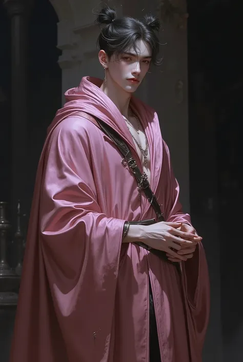  a young man as a ((potion master)) with ((double bun topknot)) wearing (rich pink wizards robe , monochromatic hues, blurred setting, dark ambiance, standing straight, hands resting, slight smile. wearing a loincloth, fantasy, intricate, elegant, highly d...