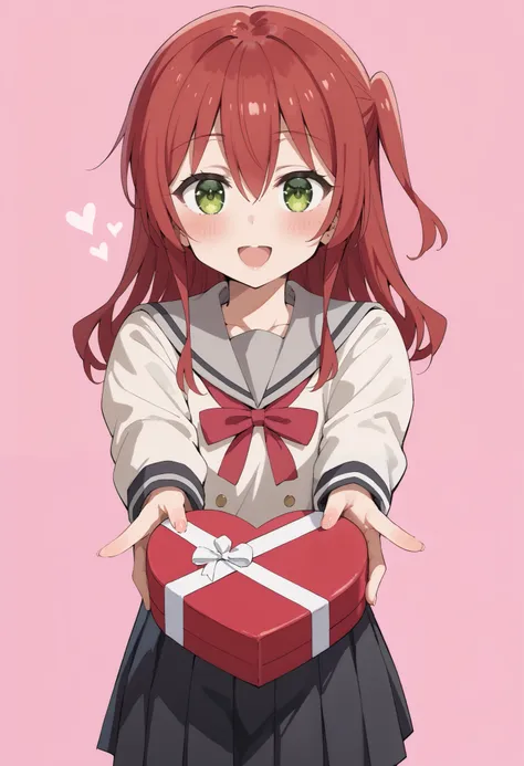Score_9, score_8_up, score_7_up, source_anime, ikuyo kita, green eyes, hair between eyes, long hair, one side up, red hair, black skirt, grey sailor collar, pleated skirt, sailor collar, school uniform, shoes, long sleeves, shuka high school uniform, skirt...