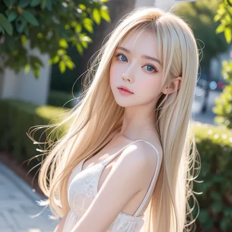 Clear white shiny skin 、Wind hair flutters in front of a cute face 、Very white  cute sexy little beautiful face、 shining beautiful super long straight platinum blonde silky hair ,  very bright light blue big eyes 、かわいい明るい目を覆う長い絹のようなbangs,  sexy hidden hair...