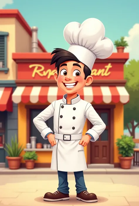 Chef infront of restaurant cartoon