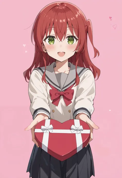 Score_9, score_8_up, score_7_up, source_anime, ikuyo kita, green eyes, hair between eyes, long hair, one side up, red hair, black skirt, grey sailor collar, pleated skirt, sailor collar, school uniform, shoes, long sleeves, shuka high school uniform, skirt...