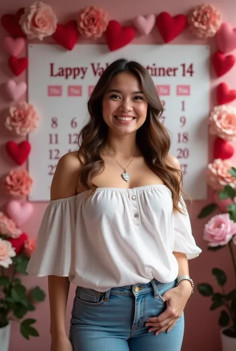 A beautiful plump thai woman smiling. The woman is wearing off shoulder, jeans, and nike shoe , nice necklace. Background romantic Valentines day set up with big February 14 calendar at the back with flower decorations,hearts and