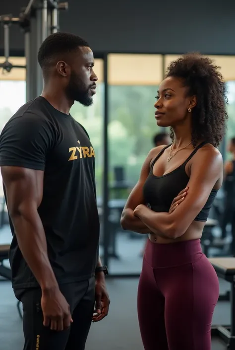 A young Black African Rwandan man with an athletic build is in a modern gym, wearing black sportswear with a gold Zyra logo on his shirt. He has a confident yet serious expression as he talks to a 27-year-old rwandan woman. The woman has a fit physique and...