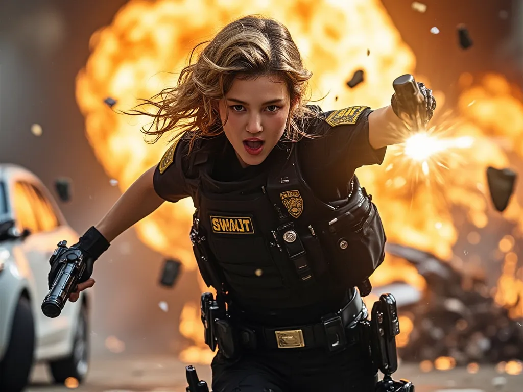  a woman ,brown eyes black eyebrows blonde hair, wearing swat police uniform, holding gun, in action shooting her gun at the enemy while running, explosion behind her, cars burning ,building explodes, debris fly everywhere