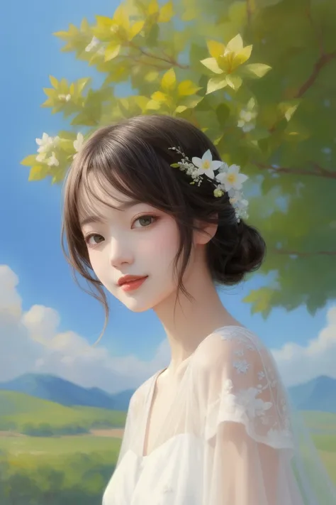 perfect artwork、 super detailed、 top quality、wallpaper aesthetics、 masterpiece、 Official Art、( elegant: 1.3)  Elegant Woman、 wearing a white see-through dress 、 The whole picture is full of tenderness and subtlety、 The background is a blue sky and a green ...