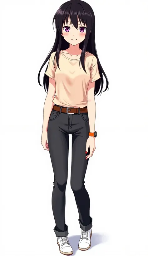 Japanese anime adolescent woman with long straight black hair and intense magenta eyes and red nails and orange watch on her left wrist and She wears a short light-colored t-shirt and dark gray denim jeans and white shoes and white shoes and a white backgr...