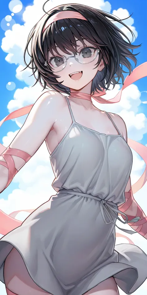  girl, Blue sky and white clouds,  wears silver glasses,  happy,  happy,  reddish cheeks ,  black hair,  Wear a pink ribbon headband,  perfect quality ,  clear focus ( CLUTTER - HOME : 0.8), ( masterpiece: 1.2) ( by Nomi: 1.2) (Bokeh) ( top quality) ( deta...