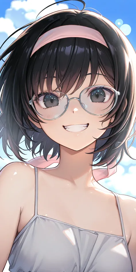  girl, Blue sky and white clouds,  wears silver glasses,  happy,  happy,  reddish cheeks ,  black hair,  Wear a pink ribbon headband,  perfect quality ,  clear focus ( CLUTTER - HOME : 0.8), ( masterpiece: 1.2) ( by Nomi: 1.2) (Bokeh) ( top quality) ( deta...