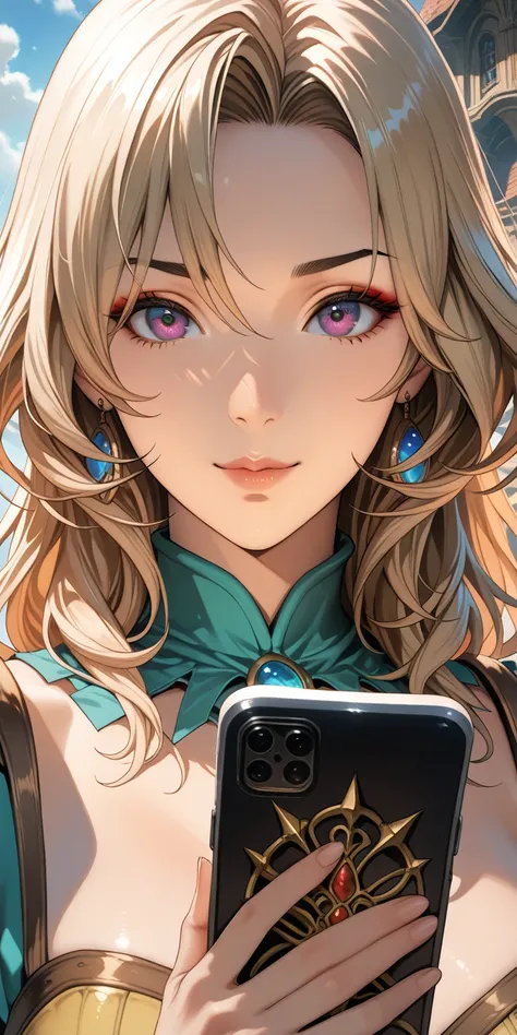  close up of a long blond haired woman holding a cell phone, Magali Villeneuve着想, fantasy art portrait  , fantasy portrait  art, detailed matte fantasy portrait , Alice x. open, fantasy portrait , epic fantasy art portrait  , beautiful fantasy art portrait...