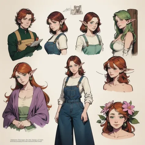 (watercolor: 1.2), elf princess, flower, freckles, fringe, redheads,    light bulb ,    Green-eyed pants ,     hair between the eyes , flower earrings,   OVERALLS , sentado em um tronco no meio da floweresta,      smiling, quite delicate   ,    Blurred bac...