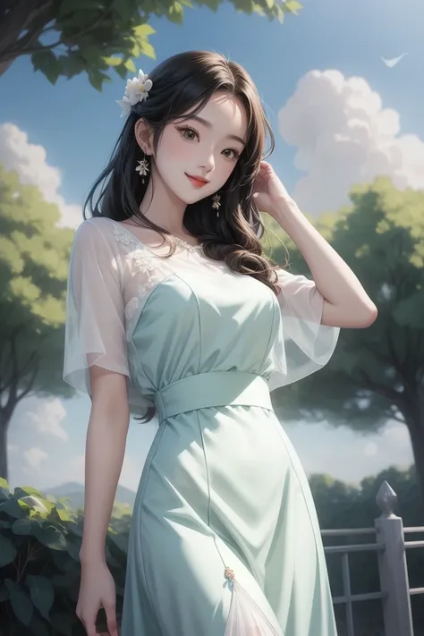 perfect artwork、 super detailed、 top quality、wallpaper aesthetics、 masterpiece、 Official Art、( elegant: 1.3)  Elegant Woman、I'm wearing a white see-through dress、 The whole picture is full of tenderness and subtlety、 The background is a blue sky and a gree...