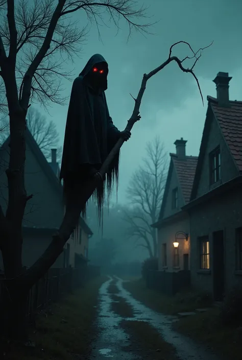 a hyper realistic close-up of a haunted village at night, a reaper on top of a tree branch makes the scene scary, he has red eyes, wears a black cape, he is standing in a disturbing and unsettling position with a frightening piercing look, a narrow street ...