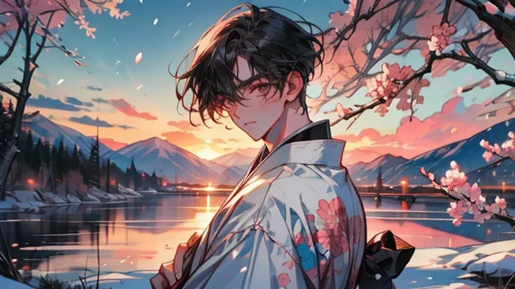 Highest quality, masterpiece, one male (a handsome man: 1.4), black hair, bangs covering the forehead, gray eyes, short hair, detailed depiction of the eyes and face, wearing a black kimono, snow-covered mountain ranges stretch across the background, numer...