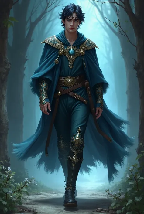  A drawing of a dark-haired young man ,  walking.  His eyes are heavenly blue and he wears a royal elf outfit. There are shadows around him .