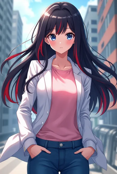 Anime girl with black hair and red highlights and navy blue eyes and white jacket and pink shirt and jeans 