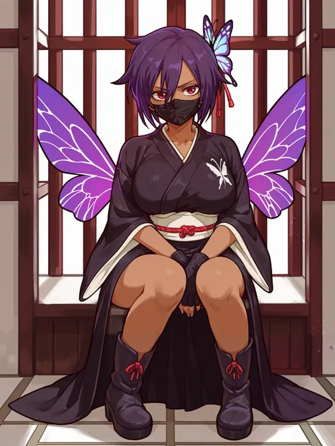 dark skin, 1girl, front, big breasts, long kimono skirt, skirt covering legs, dark prison, black scorpion tail, short purple hair, black gloves, red eyes, kunai, purple hair, boots, butterfly purple wings, full body, oversized black kimono, huge black kimo...