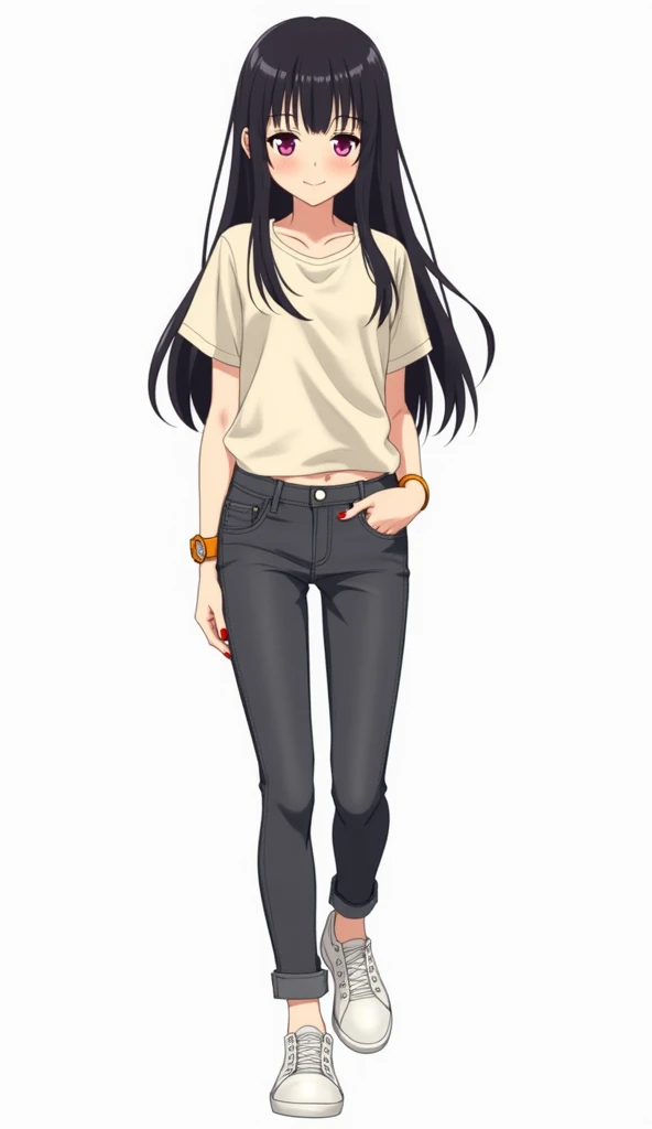 Japanese anime adolescent woman with long straight black hair and intense magenta eyes and red nails and orange watch on her left wrist and She wears a short light-colored t-shirt and dark gray denim jeans and white shoes and white shoes and a white backgr...