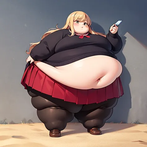 masterpiece,  best quality, Advanced Details ,  very obese ,  girl,  cute,  high school student, Standing on the floor,  very obese ,  My stomach is very sticking out, very big legs , Wear a uniform, sand-colored sweater,  red skirt,  Long Skirt ,  full bo...