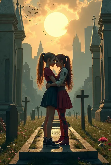 Very young girls Harley Quinn and poison ivy,  pre-teens in a big hug on a grave in the middle of the cemetery in the Gothic city at noon under a big sun