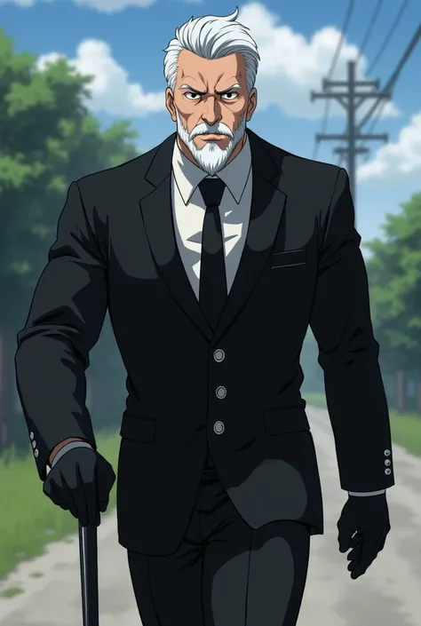 A middle-aged man with black gloves on his hands and a black cane in his right hand, wearing a black suit jacket without a tie, with white hair and a white beard, a stern look in his eyes, completely black eyes and pupils, muscular and broad-shouldered wit...