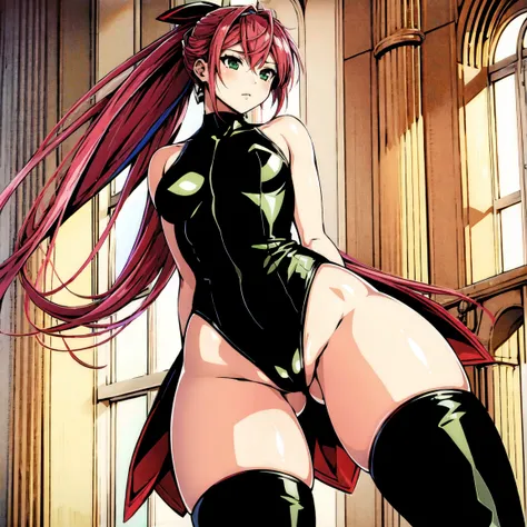 AkashaBl00dr1ver, 1girl, solo, long hair, green eyes, hair ribbon, ponytail, pink hair, red hair bow, black leotard, bare shoulders, bare thighs, thigh boots, perfect anatomy's model proportion, very beautiful female body, medium breasts,