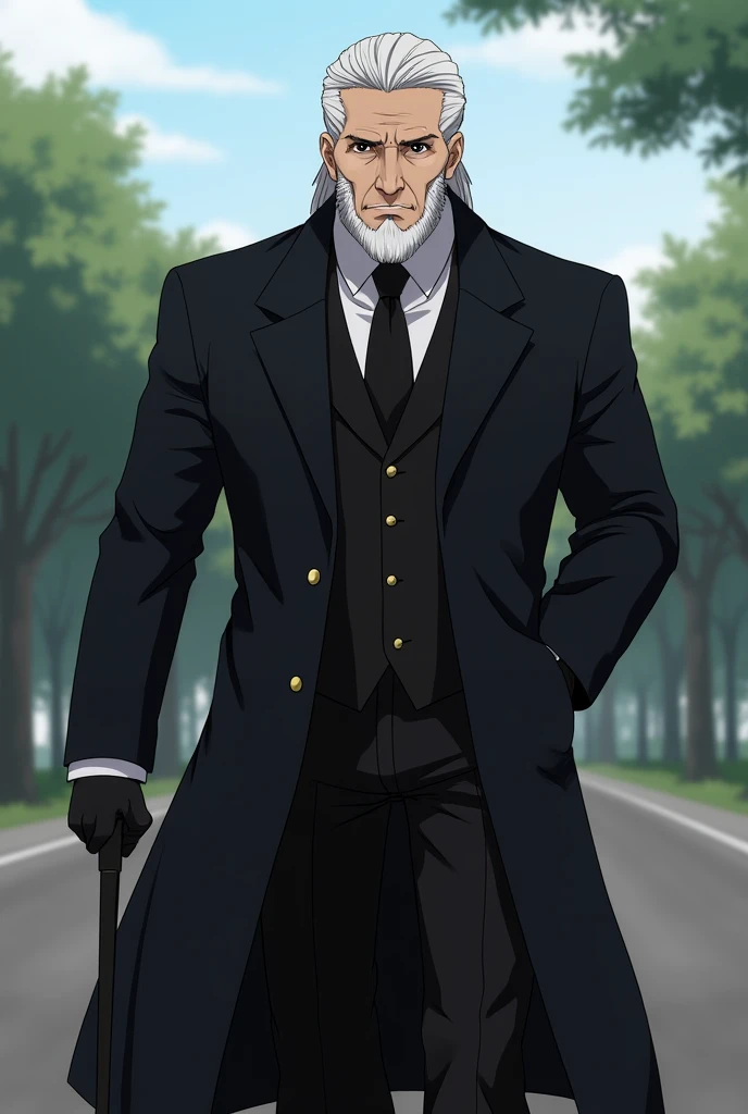 A middle-aged man with black gloves on his hands and a black cane in his right hand, wearing a black suit without a tie, a long black coat that covers his shoulders, with white hair, a white beard, and a stern gaze. His eyes and pupils are completely black...