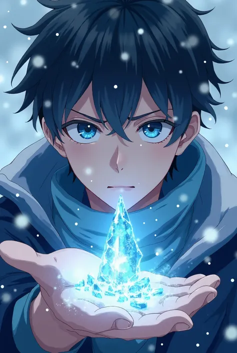 A anime guy looking at his right hand which has small icicles on it and the anime guy has blue eyes that look like there is a powerful blue ice power in there and for background in snow.anime style