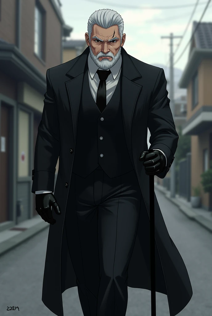 A middle-aged man with black gloves on his hands and a black cane in his right hand, wearing a black suit without a tie, a long black coat, white hair, a white beard, and a stern gaze. His eyes and pupils are completely black, and he has a muscular build w...