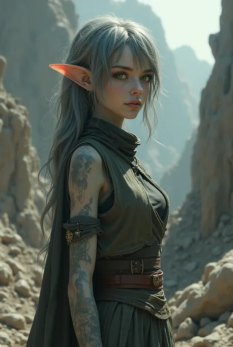 midlle old woman, strong face, harmonic gray skin in all her body and face, dark silver hair,  very tiny pointy ears, scrap small vests,  gray skin in all her body, ruined apocalyptic world background , iris green eyes, gray skin in all her body, anatomic ...