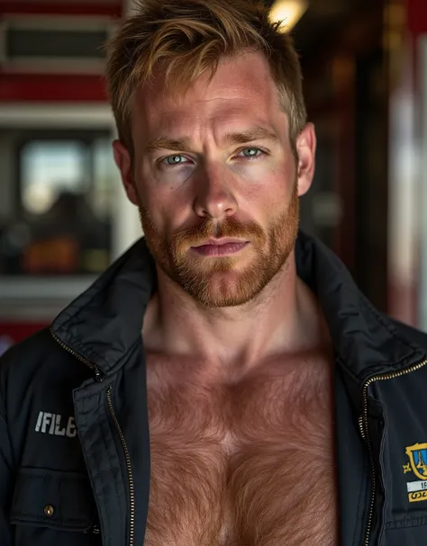 masterpiece, best quality, high resolution, closeup portrait, male focus, solo focus, A man, 30 years old, with firefighter uniform, firefighter suit, firefighter, messy hair, orange red ginger hair, messy hairstyle, smirk, cute and seductive face, bare c...
