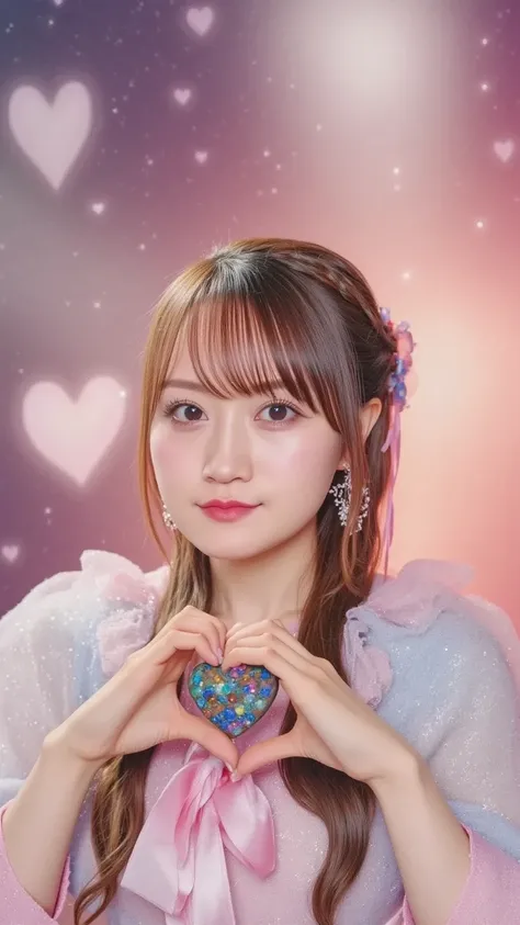 A cheerful anime-style virtual idol girl with sparkling eyes and pastel-colored hair styled in twin buns. She holds a heart-shaped chocolate toward the viewer with both hands, winking playfully. The background is a dreamy digital stage with floating hearts...