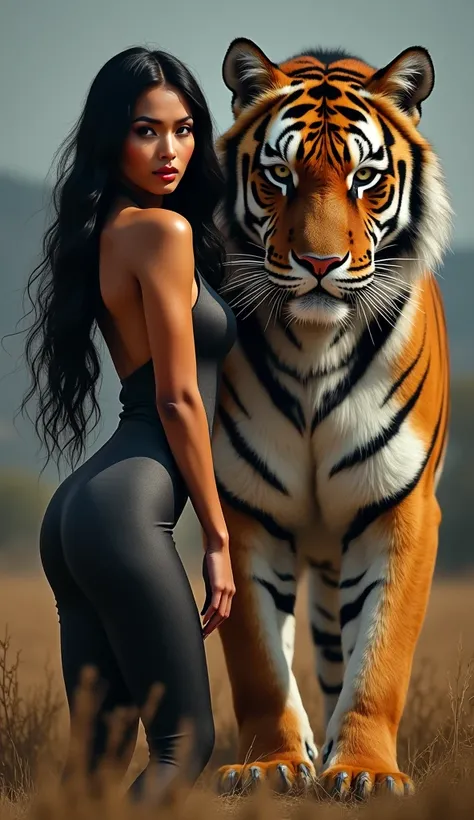 An ultra-realistic image of a woman and a tiger standing side by side, both fully visible. The woman has a confident yet serene expression, her posture strong but relaxed. She has long, flowing hair and wears a form-fitting, elegant outfit that complements...