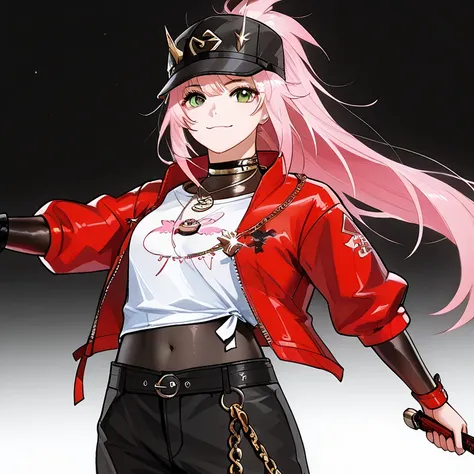 strong white woman with long straight pink hair tied back, Black sport cap with red details, green eyes and a slightly square shaped face, light smile, red jacket large and White long t-shirt and dark black bodystocking cropt a golden necklace on neck and ...