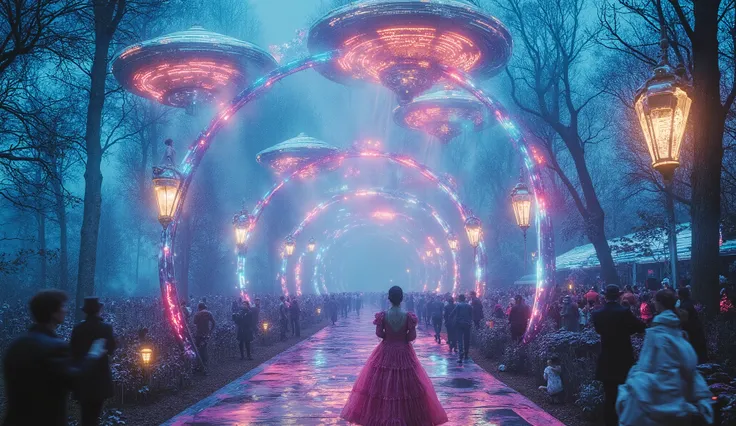 A stunning wide shot of a rave in the Norwegian wilderness, where revelers in Victorian attire dance under a spring night sky. The scene is illuminated by massive, glowing retrofuturistic vehicles, each shaped like sleek, flying saucers and glowing with vi...