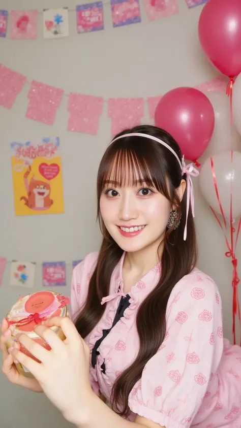 A bubbly young woman with pink twin-tails and a playful expression, dressed in a cute Valentine's Day outfit with heart motifs. She leans slightly towards the camera, extending a beautifully wrapped chocolate box to the viewer. The background features colo...