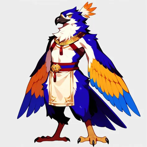 RPG character avatar. Full-body. Single character. Cartoon style. A majestic anthropomorphic eagle warrior. He has a sharp eagle-like beak and nose, and his entire body is covered in soft, pale yellow feathers with natural shading and texture. His eyes are...