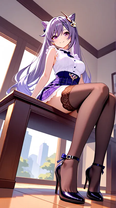 8k,masterpiece, best quality, ultra detailed, high resolution, super fine illustration,Keqing (Genshin impact), 1girl, solo, smile,purple eyes, purple hair, cone hair bun, double bun, braided bangs, long hair, medium breasts, casual style, sleeveless dress...