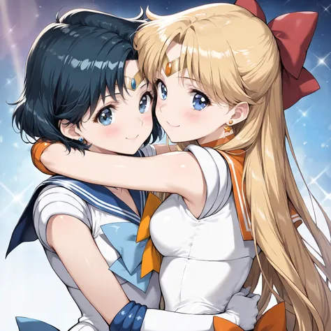 best quality, beautiful, masterpiece, 2girls, hug each other, smile, blush,  
BREAK (sailor mercury:1.2, short dark blue hair:1.2),  
BREAK (sailor venus:1.2, long blonde hair:1.2)  