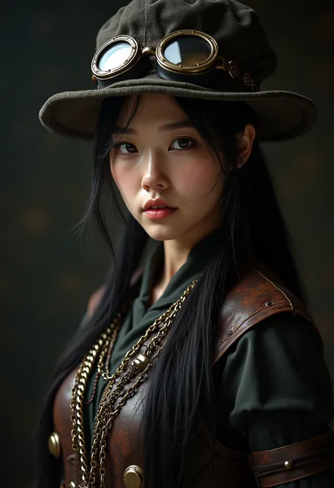 Hyperrealistic portrait of a Korean woman in medieval steampunk attire, full body. Her outfit is a combination of aged leather, metal and chains, with a dark vest adorned with bronze details. She wears a cloth hat with metal goggles attached to a leather s...