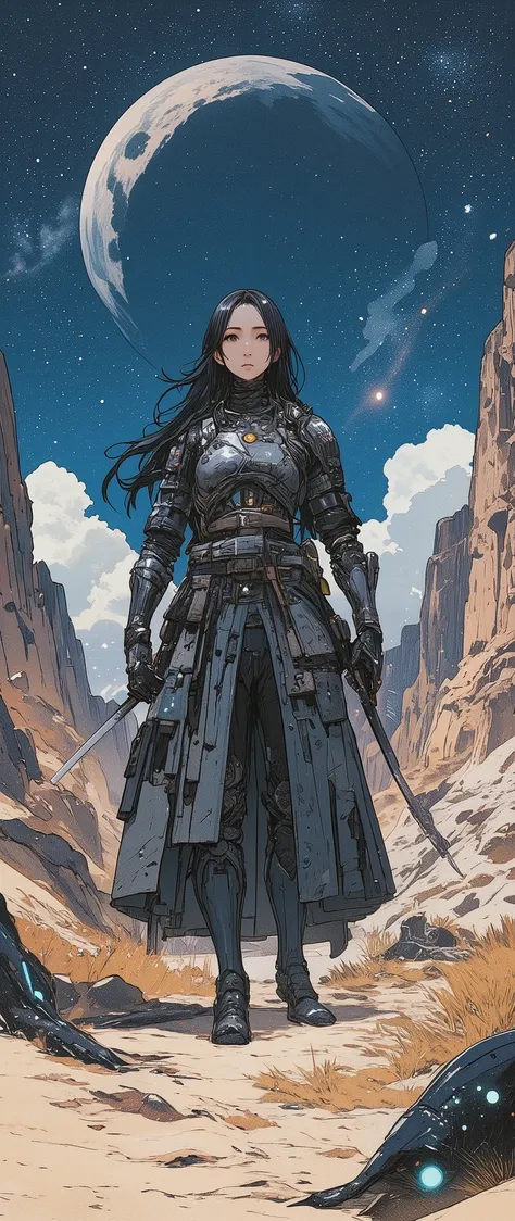A surreal, high-resolution digital painting of a fierce and disciplined female samurai with long black hair standing confidently on a barren alien planet beneath a vast, clear starry sky. She wears advanced samurai armor, a fusion of traditional Japanese d...