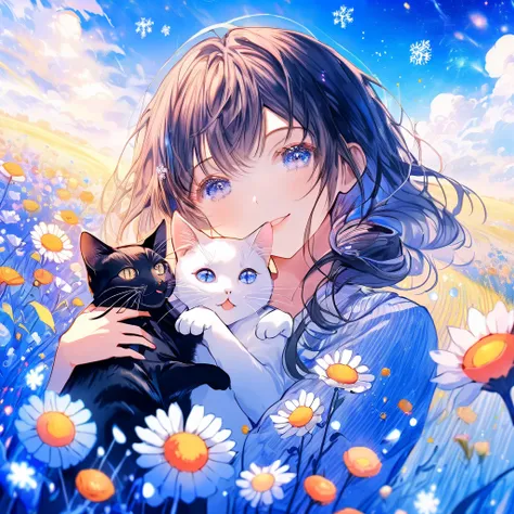 (Anime:1.2) A cute and surreal  girl with her mouth closed gazing happily into the camera, a cute woman playing with a cat, in the background a vast field with vibrant flowers blooming, a blue sky with light particles and iridescent snowflakes floating in ...