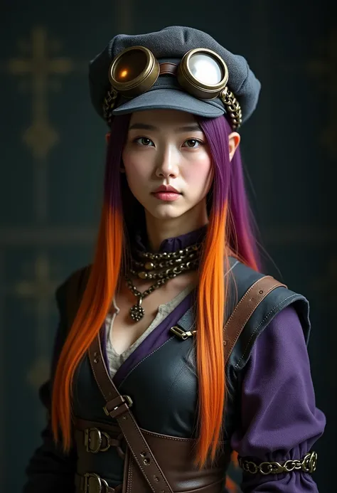 Hyperrealistic portrait of a Korean woman in medieval steampunk attire, full body, her long straight hair has an orange and purple streak. Her outfit is a combination of aged leather, metal and chains, with a dark vest adorned with bronze details. She wear...