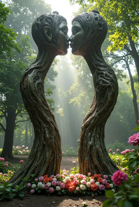 Two massive intertwined trees, towering above the forest, forming the shape of a heart. Their trunks are colossal, with bark intricately textured to resemble human figures, capturing the delicate features of a couple locked in a tender kiss. The branches r...