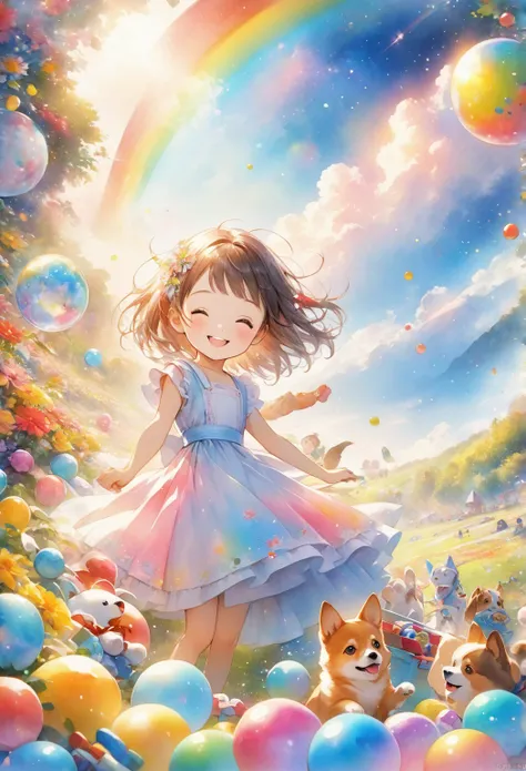  (anime:1.2) A cute and surreal  girl with her mouth closed gazing happily into the camera, a cute woman playing with a dog, in the background a vast field with vibrant flowers blooming, a blue sky with light particles and iridescent snowflakes floating in...