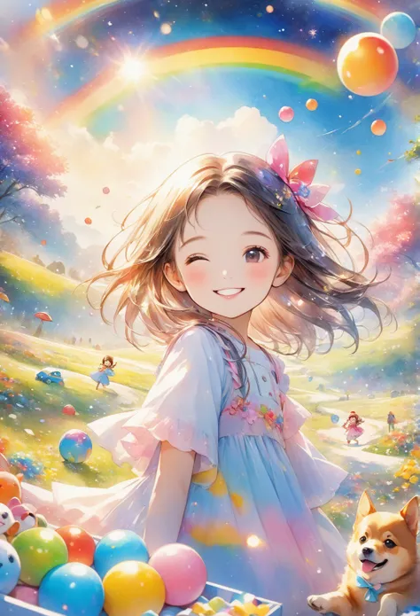  (anime:1.2) A cute and surreal  girl with her mouth closed gazing happily into the camera, a cute woman playing with a dog, in the background a vast field with vibrant flowers blooming, a blue sky with light particles and iridescent snowflakes floating in...