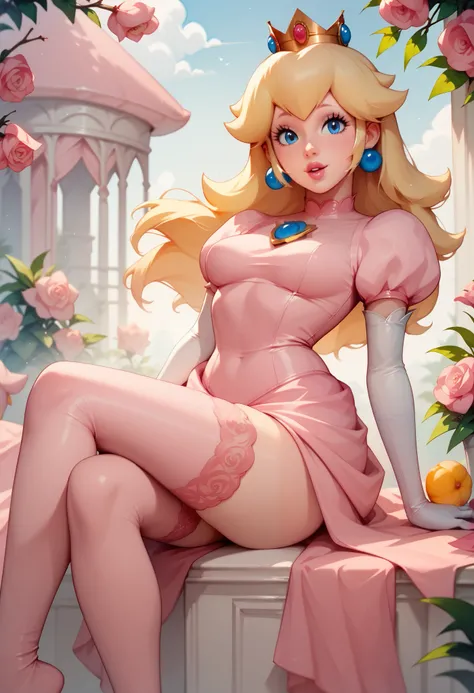  peach with long blond hair, pink dress with sexy , PINK tights,  medium breasts and beautiful legs , adult face,  thin body,  pose sexy 
