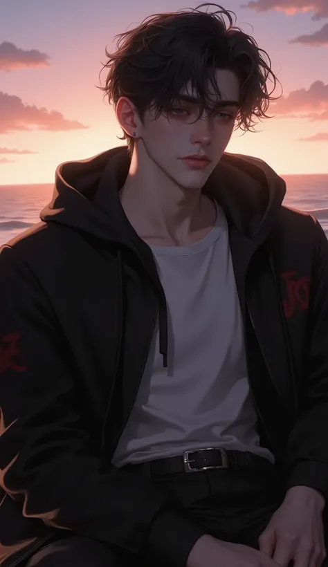 young man wearing t-shirt and hoodie jacket, Sitting pensively, is crying, shades of twilight light , romantic shades , pulled over on the beach, anatomically correct proportions, (delicate detailed face, best quality, high resolution)