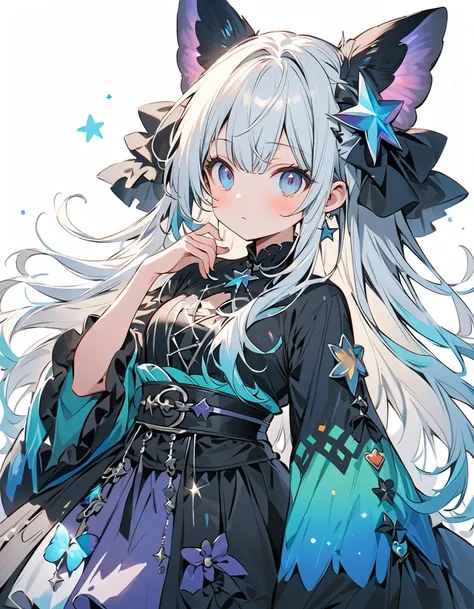   Superb Details 、   in the seat，，Blink，    Best quality   ， Milky White and Blue Gradation Hair Color、Wear a colorful and cute gothic kimono costume   ,  Star Fairy ,Wear a colorful and cute gothic kimono costume    with little fairy feathers growing from...