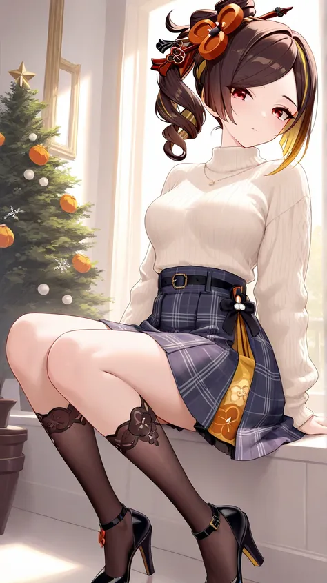 8k, Masterpiece, best quality, ultra detailed, high resolution, super fine illustration,Chiori (Genshin impact), 1girl, brown hair, yellow hair, gradient hair,medium hair,side ponytail, drilled ponytail, sidelocks,red eyes, medium breasts, winter fashion o...